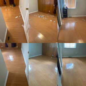 Before and after comparison of a room's wood-look flooring showing professional cleaning results by Perfections Quality Cleaning Service in Dayton, OH.