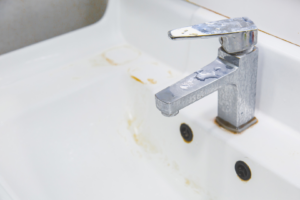 Rust stains around a bathroom sink faucet, a sign of potential water damage, handled by Robillard Plumbing in Maple Grove, MN.