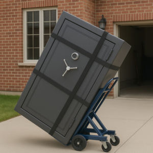 A large safe being moved on a dolly in front of a house by Central Movers, Inc. in Annapolis, MD.