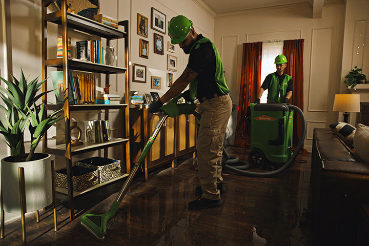 Servpro technicians extracting water from a damaged floor in a living room, performing water damage restoration in New Bedford, MA