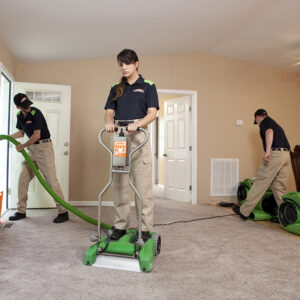 SERVPRO technicians performing carpet water extraction and setting up drying equipment in a home in Annapolis/Severna Park, MD.