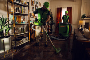 Servpro technicians performing water extraction on a wet wooden floor in a living room in Athens, AL.