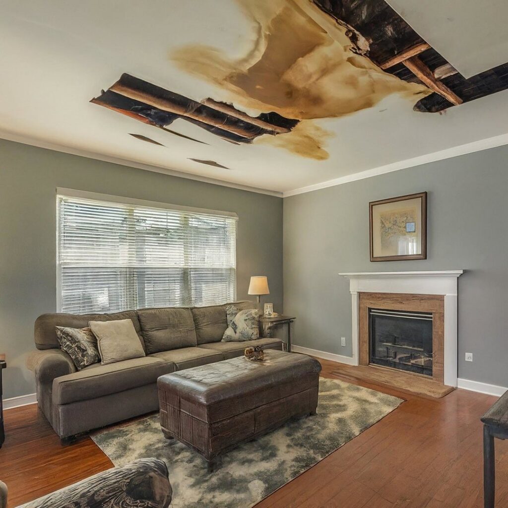A living room with severe water damage, showing a collapsed ceiling and exposed beams, handled by Carolina Pro Restoration LLC in Fort Mill, SC.