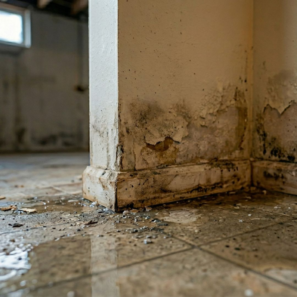 Severe water damage with mold growth and peeling paint on a wall, showing a job for Intermountain Cleaning and Restoration in Butte, MT