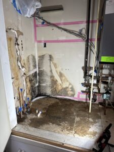 A room with severe water damage and mold growth, undergoing remediation by Taylored Restoration in Anchorage, AK