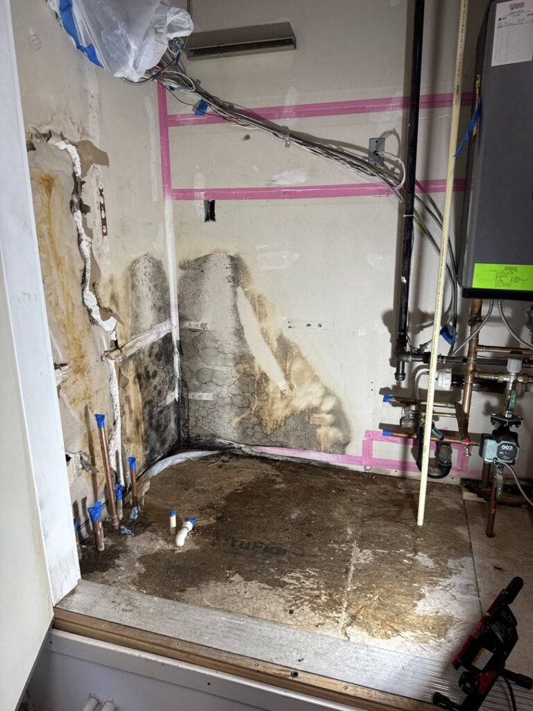 A room with severe water damage and mold growth, undergoing remediation by Taylored Restoration in Anchorage, AK