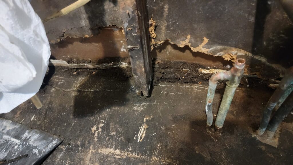 A close-up of severe water damage on a floor, showing dark, possibly moldy wood and exposed pipes, a restoration project for Ciocca Cleaning & Restoration in Fort Wayne, IN.