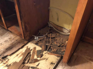 Severe water damage to a kitchen floor and cabinet base, showing crumbling wood, handled by One Stop Dry Out Restoration of Arkansas in North Little Rock, AR.