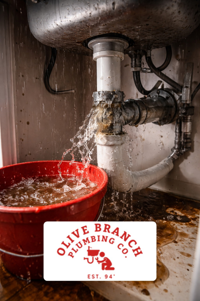 A severe water leak gushing from pipes under a sink into a red bucket, handled by Olive Branch Plumbing Co in Olive Branch, MS.