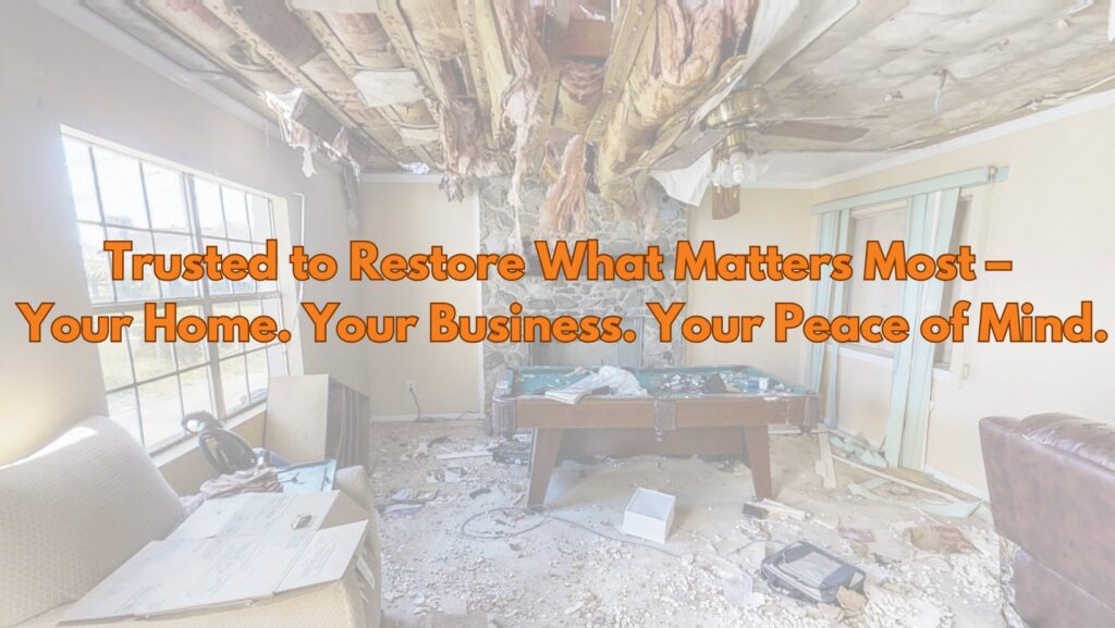 A severely damaged room with a collapsed ceiling and debris on the floor, showing a restoration project by Restoration 1 of OKC in Yukon, OK.