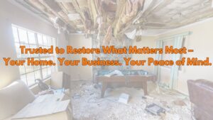 A severely damaged room with a collapsed ceiling and debris on the floor, showing a restoration project by Restoration 1 of OKC in Yukon, OK.