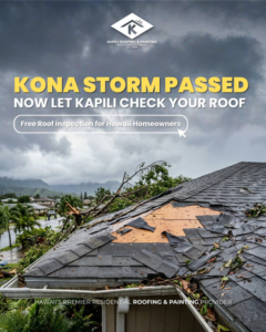 A severely storm-damaged roof with missing shingles, indicating a need for water damage repair by Kapili Roofing & Painting in Waipahu, HI.