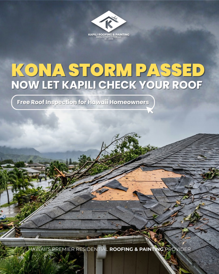 A severely storm-damaged roof with missing shingles, indicating a need for water damage repair by Kapili Roofing & Painting in Waipahu, HI.