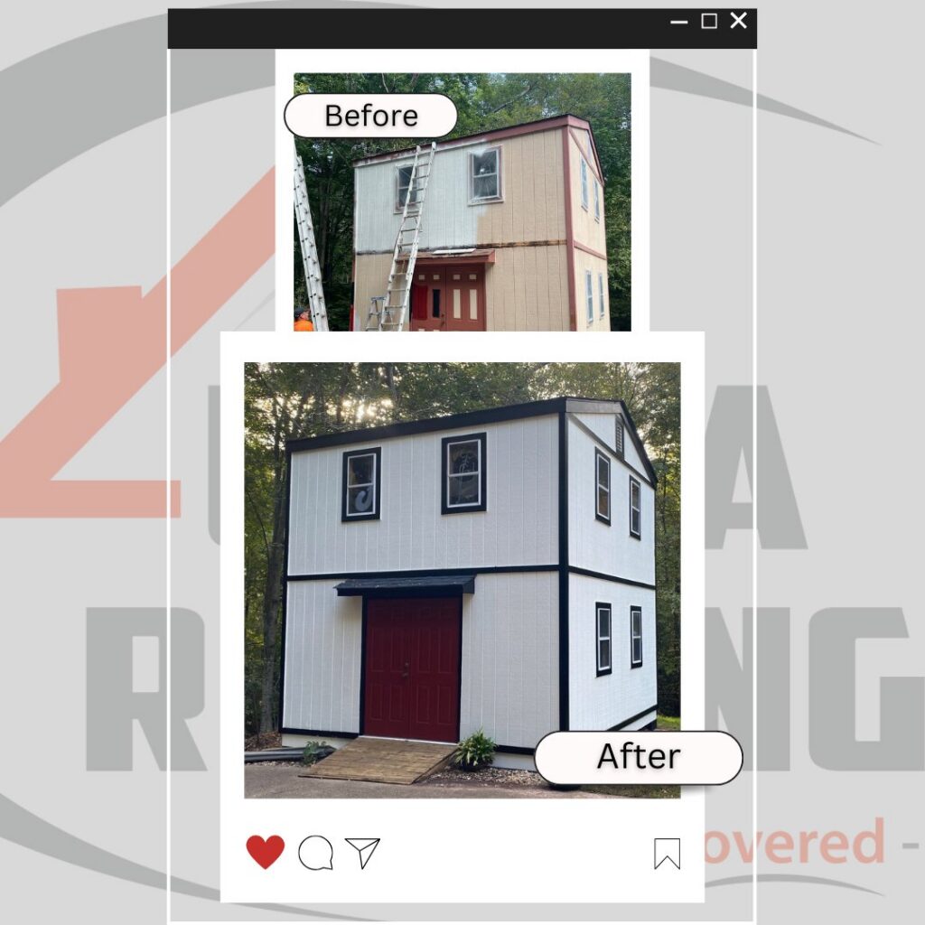 Before and after of a shed with new white siding installed by Ultra Roofing in Cary, NC