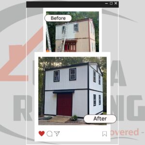 Before and after of a shed with new white siding installed by Ultra Roofing in Cary, NC