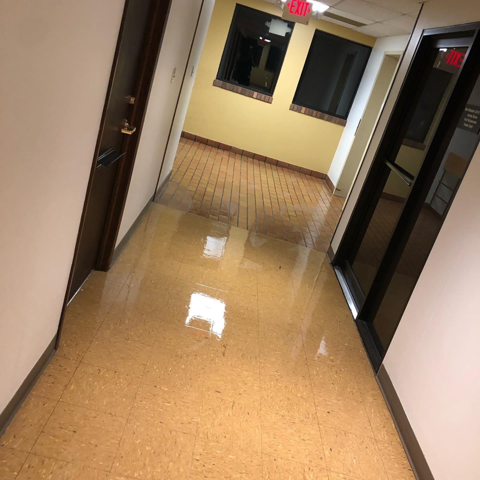 A shiny, freshly cleaned hallway floor reflecting light, showcasing the results of Genetic Solutions' service in Milwaukee, WI.