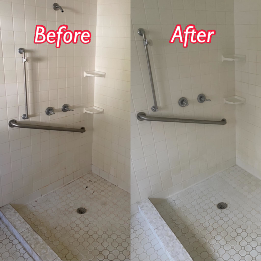 Before and after comparison of a sparkling clean shower by Brittany's Cleaning Service in Deerfield Beach, FL