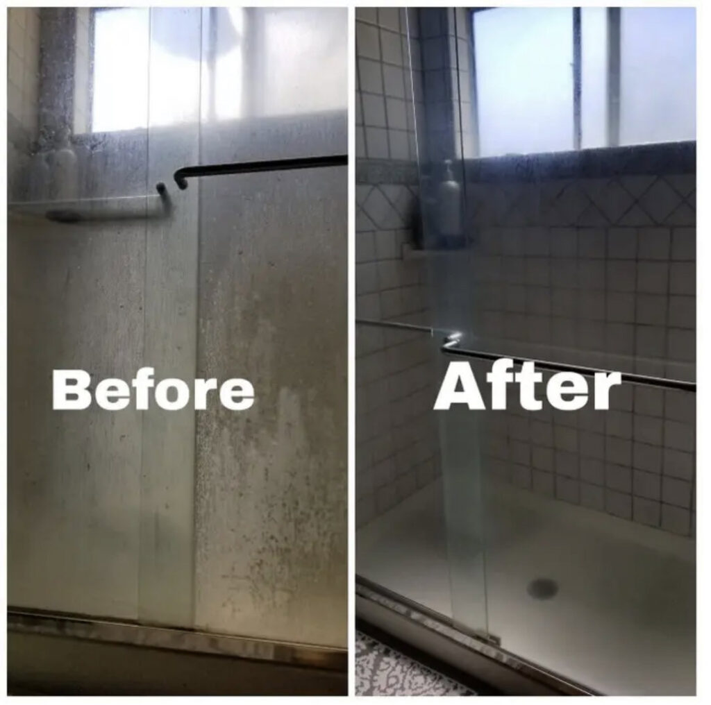 A before and after comparison of a shower door, showing it transformed from grimy to sparkling clean by Merriweather Cleaning and Laundry in Vancouver, WA.