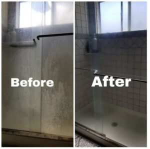 A before and after comparison of a shower door, showing it transformed from grimy to sparkling clean by Merriweather Cleaning and Laundry in Vancouver, WA.