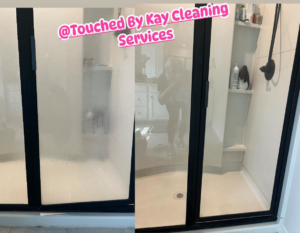 A before and after comparison of a shower door, showing it cleaned and clear by Touched By Kay Cleaning Services in Pittsburgh, PA.