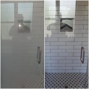 Before and after comparison of a shower door and tiled wall, showcasing cleaning results by Jessie Clean in Indianapolis, IN.