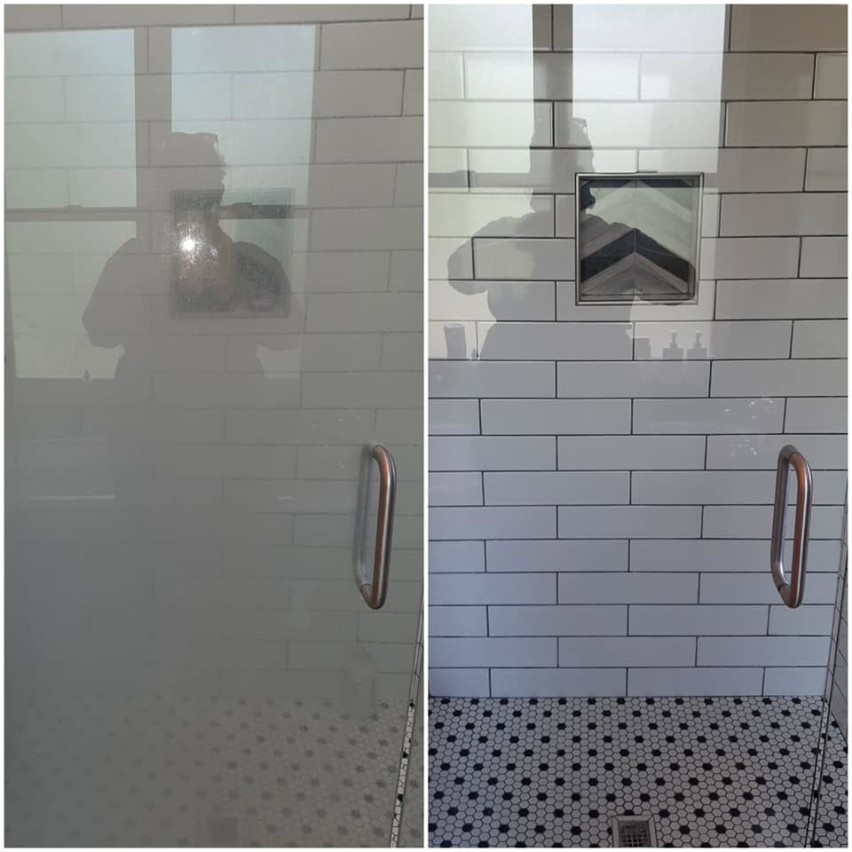 Before and after comparison of a shower door and tiled wall, showcasing cleaning results by Jessie Clean in Indianapolis, IN.