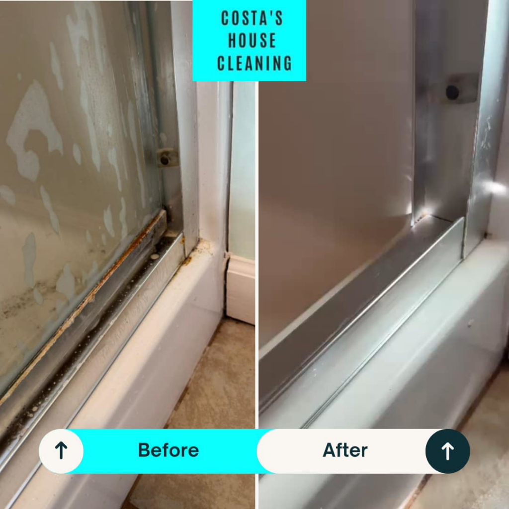 Before and after of a dirty shower door track cleaned by Costa cleaning services in Salisbury, MD.