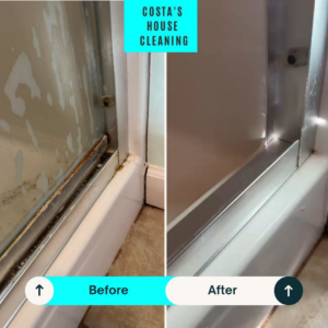Before and after of a dirty shower door track cleaned by Costa cleaning services in Salisbury, MD.