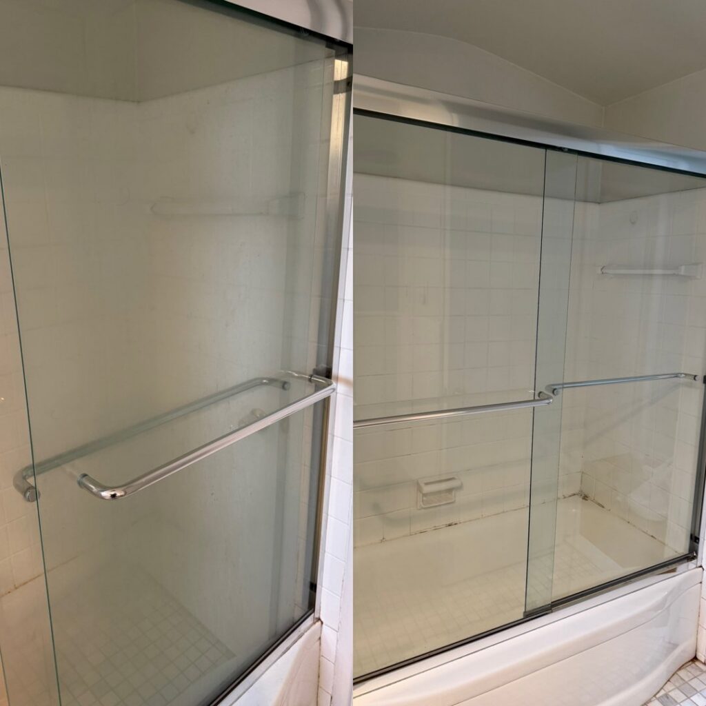 Before and after of a shower enclosure with sliding glass doors, now spotless thanks to GentleNest Home Cleaning in Livonia, MI.