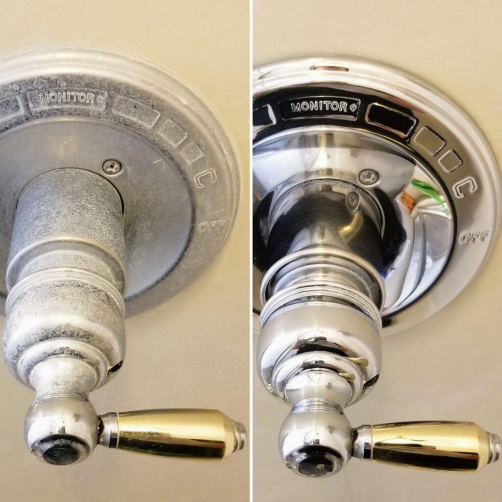 A before and after comparison of a shower faucet cleaned by Platt Cleaning Services in Lafayette, LA.
