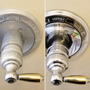 A before and after comparison of a shower faucet cleaned by Platt Cleaning Services in Lafayette, LA.