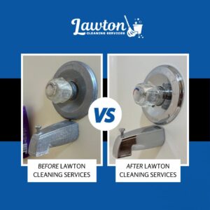 Before and after comparison of a shower faucet and spout, cleaned to a shine by Lawton Cleaning Services in Lawton, OK
