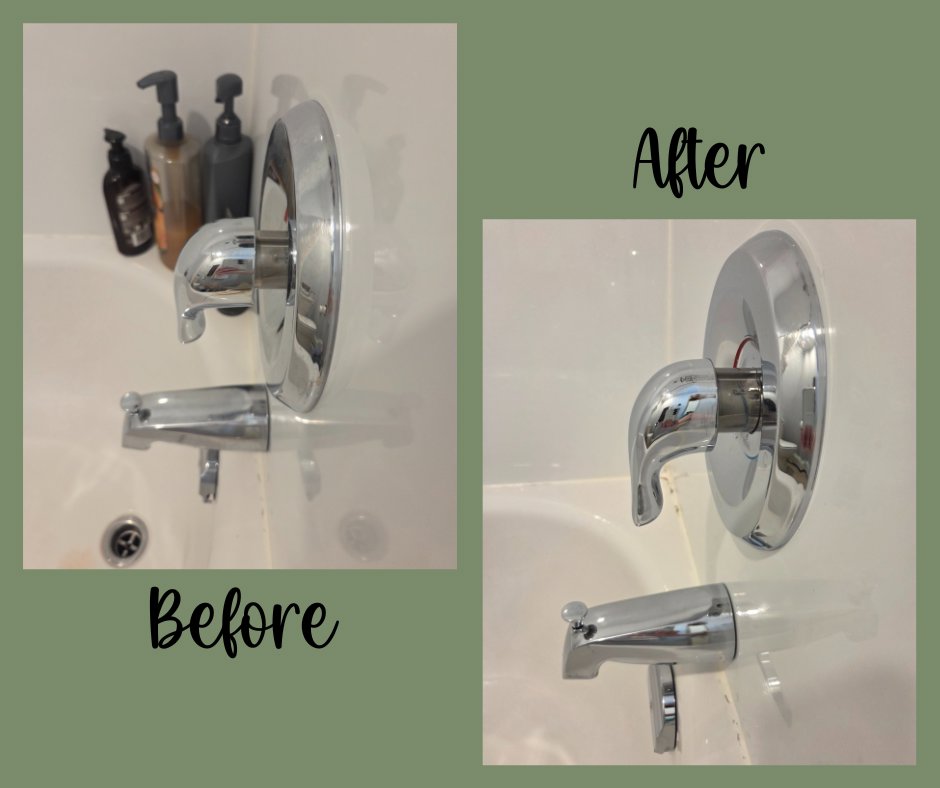 Shiny clean shower faucet and tub spout after professional cleaning by Eternal Blossom Cleaning Services in Tulsa, OK