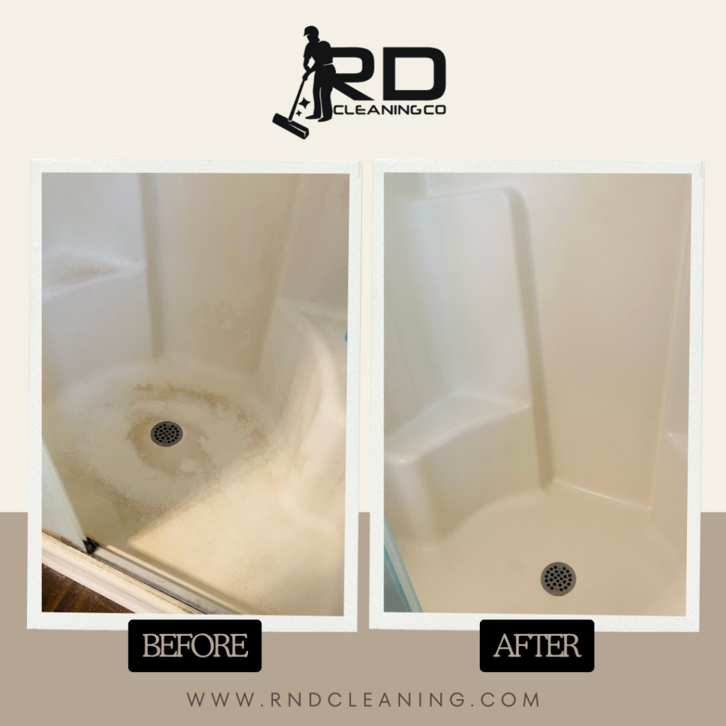 Before and after comparison of a shower floor cleaned by R&D Cleaning Co. in Rolla, MO
