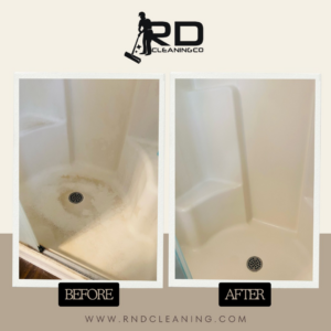 Before and after comparison of a shower floor cleaned by R&D Cleaning Co. in Rolla, MO