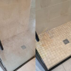 Before and after images of a shower floor and glass, showing professional cleaning by Platt Cleaning Services in Lafayette, LA.
