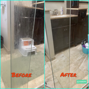 Before and after comparison of a sparkling clean shower glass by A Fresh Clean, LLC in Sterling Heights, MI