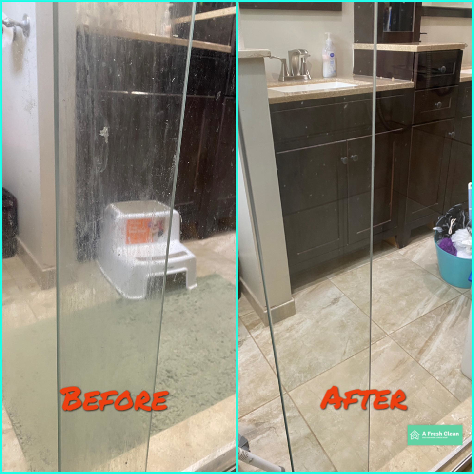 Before and after comparison of a sparkling clean shower glass by A Fresh Clean, LLC in Sterling Heights, MI