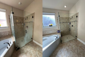 Before and after comparison of a dirty shower glass door cleaned by Olivia Cleaning Services in Fort Worth, TX