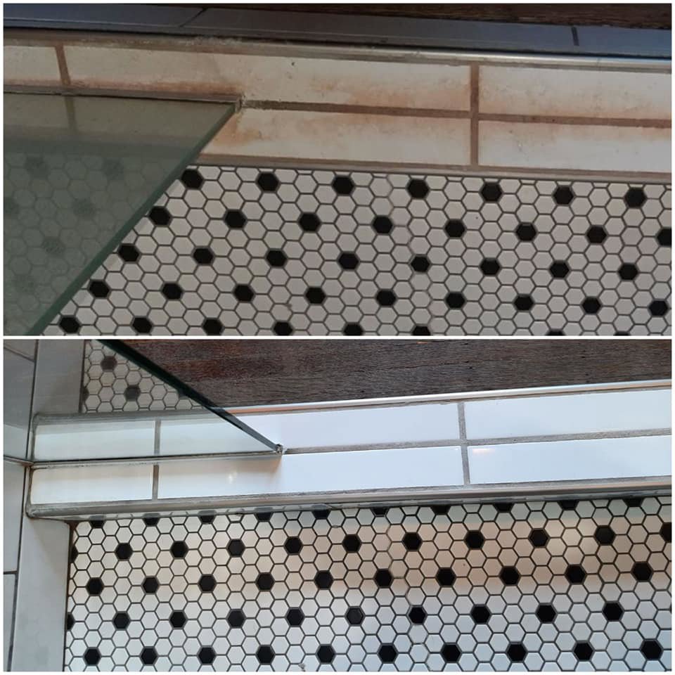 Before and after comparison of shower grout and glass, highlighting cleaning expertise by Jessie Clean in Indianapolis, IN.