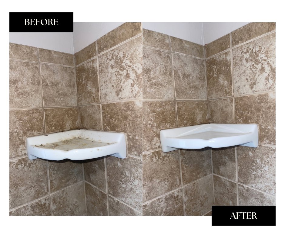 Before and after comparison of a shower shelf cleaning service by Peoria Cleaning Pros, LLC in East Peoria, IL.