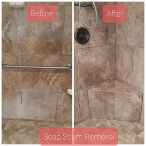 Before and after comparison of soap scum removal from a shower wall by Go Green Cleaning Experts Of NV in Reno, NV