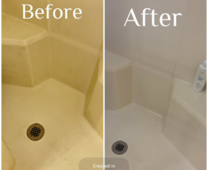Before and after deep cleaning of a shower stall by DG Cleaning Solutions in Sacramento, CA, showing excellent results.