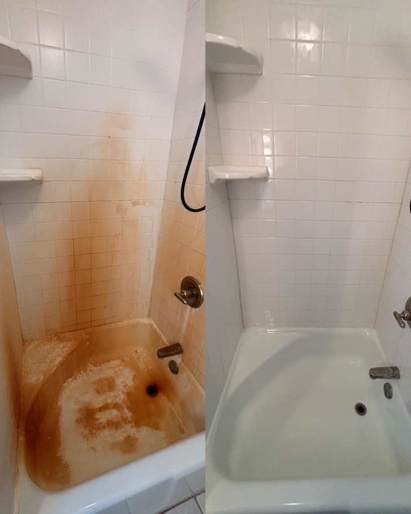 A dramatic before and after comparison of a shower and tub, expertly cleaned by Sheridan Spotless Spaces, LLC in Sheridan, WY.