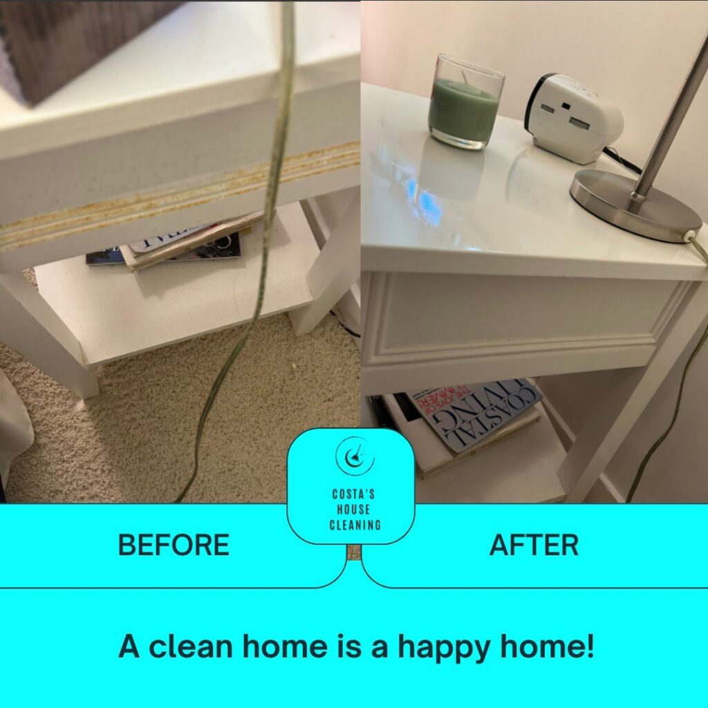 Before and after of a dirty side table cleaned by Costa cleaning services in Salisbury, MD.