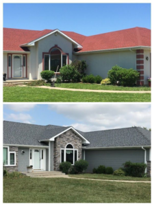 Before and after comparison of a house with new gray siding and stone veneer installed by Arrow Exteriors Inc. in Topeka, KS