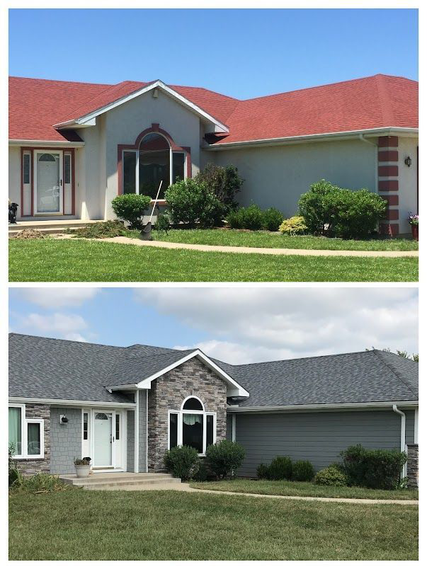 Before and after comparison of a house with new gray siding and stone veneer installed by Arrow Exteriors Inc. in Topeka, KS