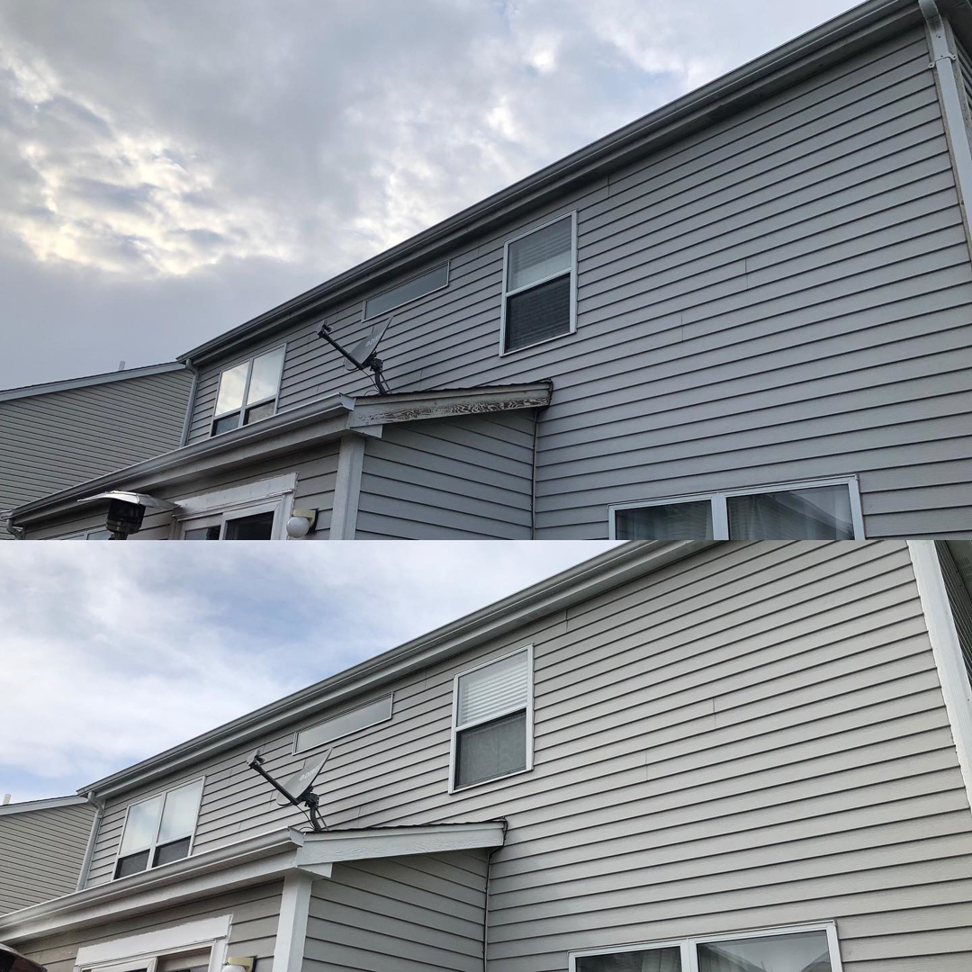 Before and after of professional siding cleaning by Allay Construction, Inc. in Joliet, IL.