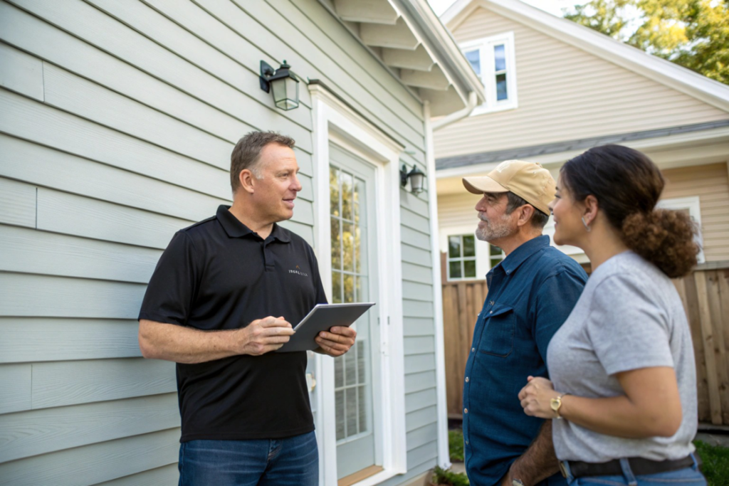 A siding contractor from Ideal Siding Nashville, TN, consulting with clients in front of a house with new siding.