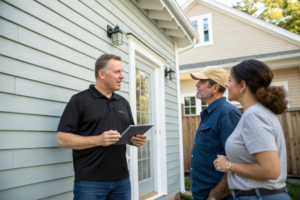 A siding contractor from Ideal Siding Nashville, TN, consulting with clients in front of a house with new siding.